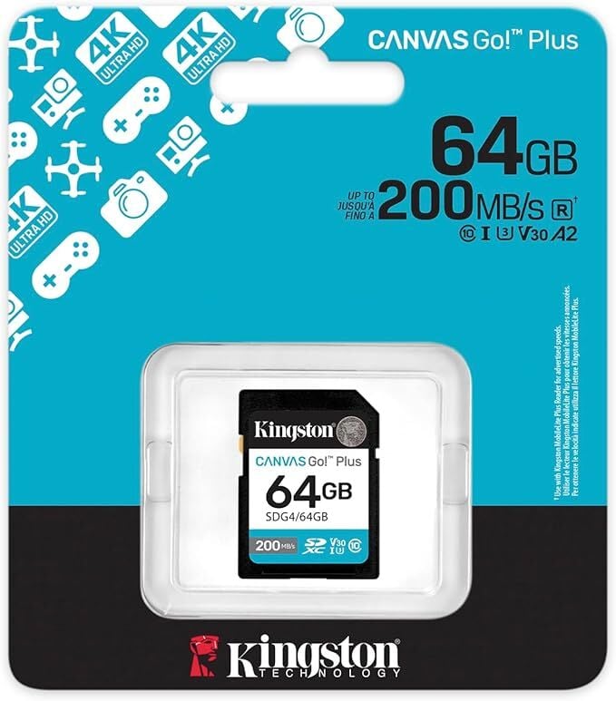 Kingston 64GB Canvas Go Plus SD Card | Up to 200MB/s | Class 10, UHS-I, U3, V30 | SDG4/64GB